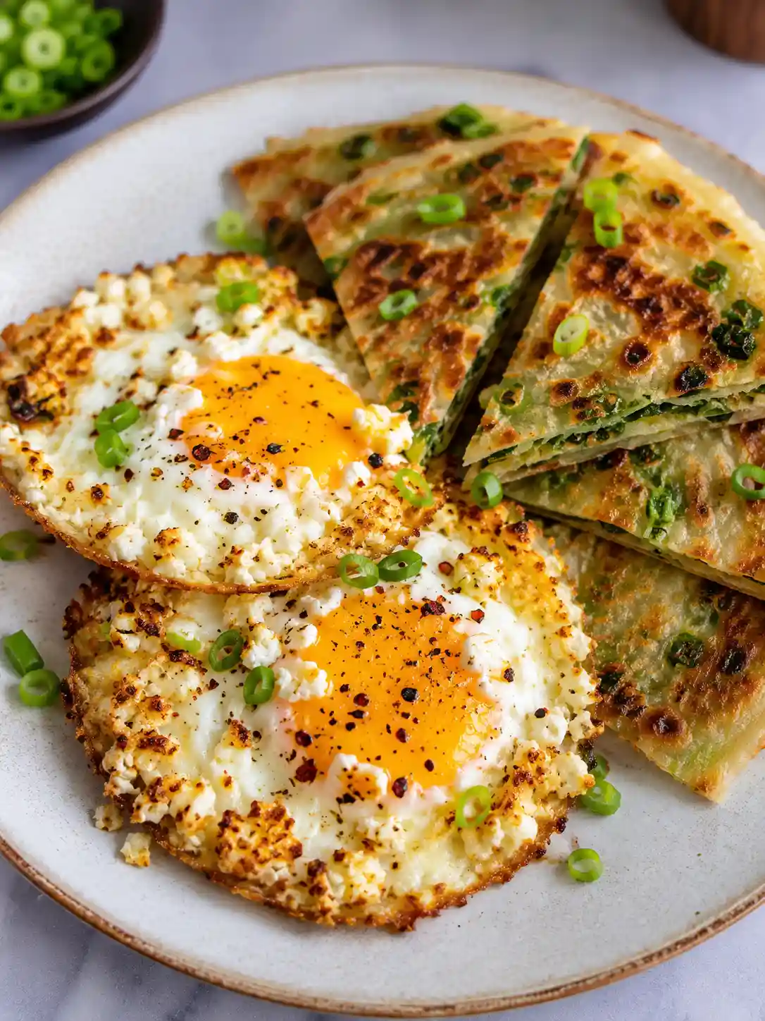 Fried Feta Eggs with Scallion Pancakes