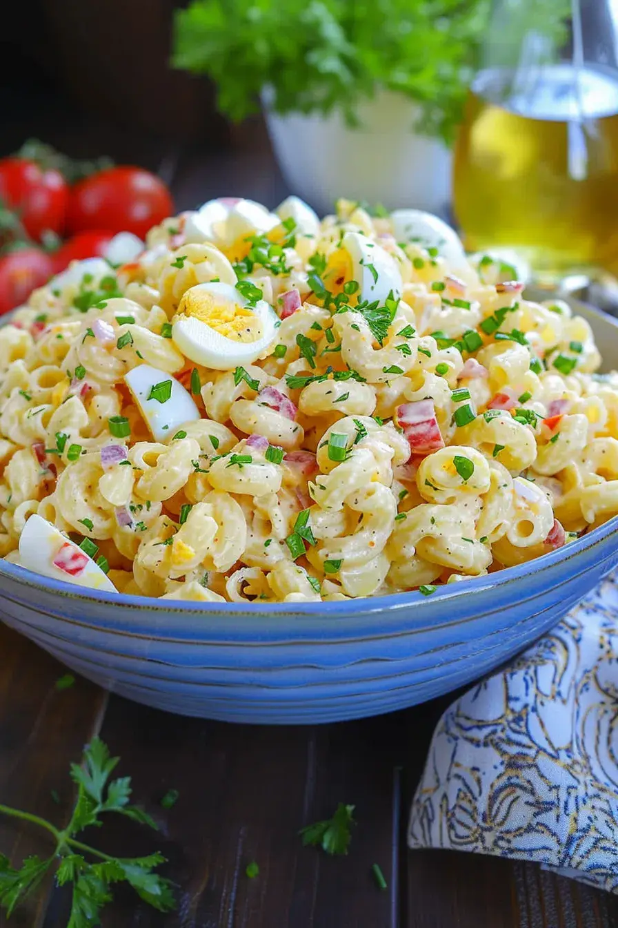 Creamy deviled egg pasta salad with macaroni and eggs.
