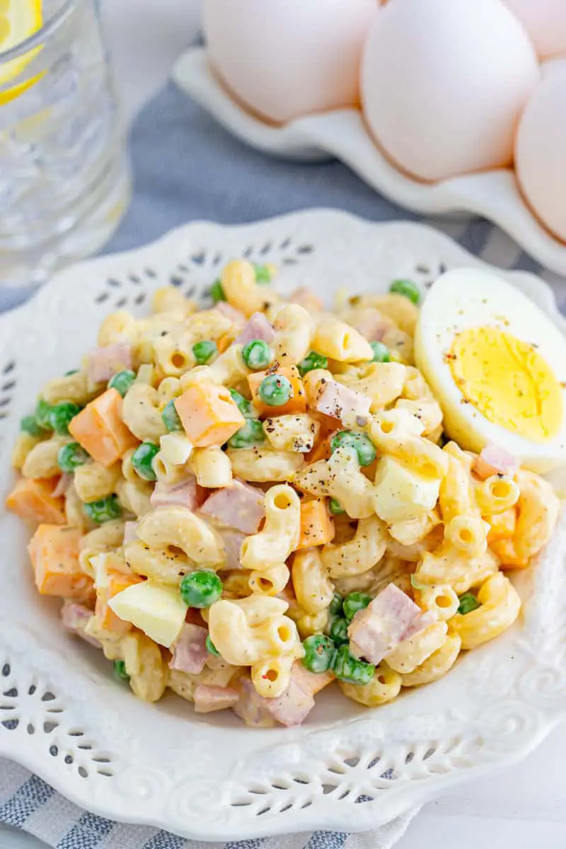 Classic macaroni salad with creamy dressing and mixed vegetables.