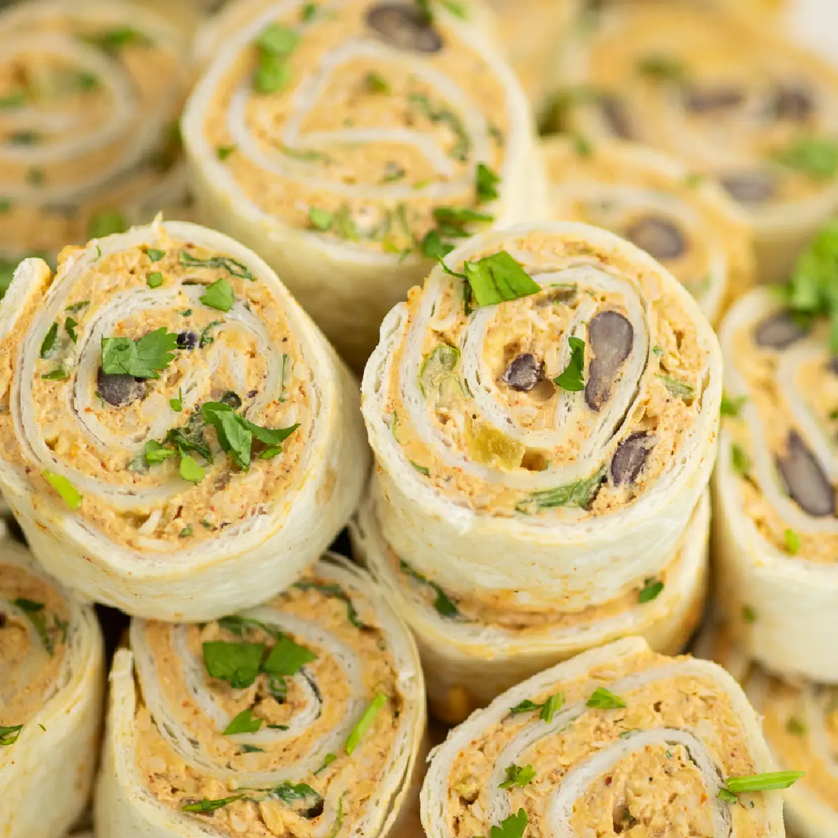 Close-up of colorful Mexican pinwheel appetizers with creamy filling and fresh herbs