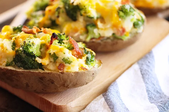 Twice-baked potatoes with broccoli and cheddar cheese.