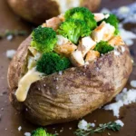 Baked potato stuffed with chicken, broccoli, and cheddar cheese sauce.