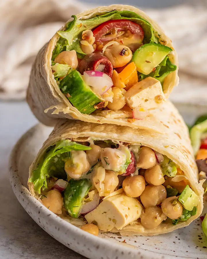 Chickpea and tofu wrap served on a plate