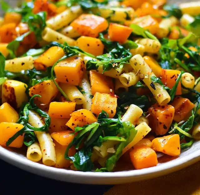 Butternut squash cubes roasted with olive oil, salt, and pepper on a parchment-lined tray.