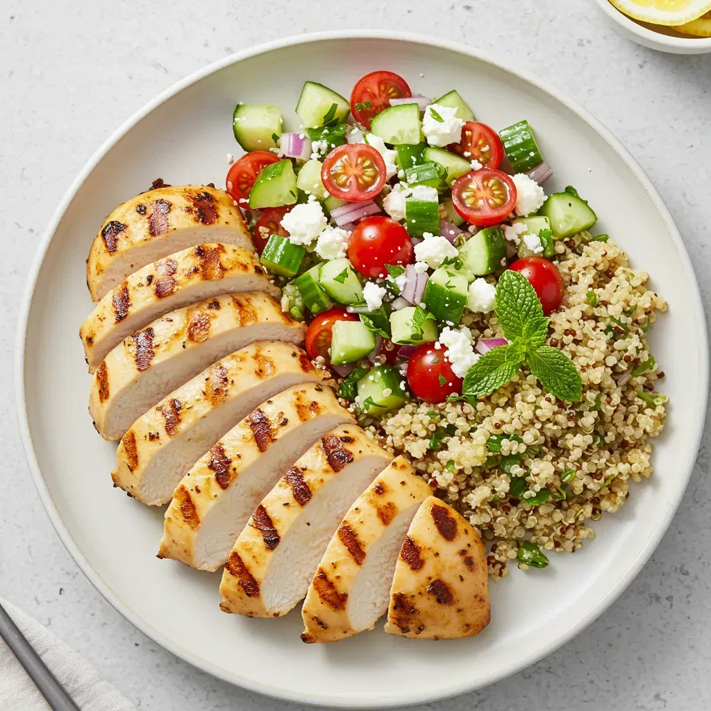 Close-up of Greek-style lemon herb grilled chicken with a colorful side salad