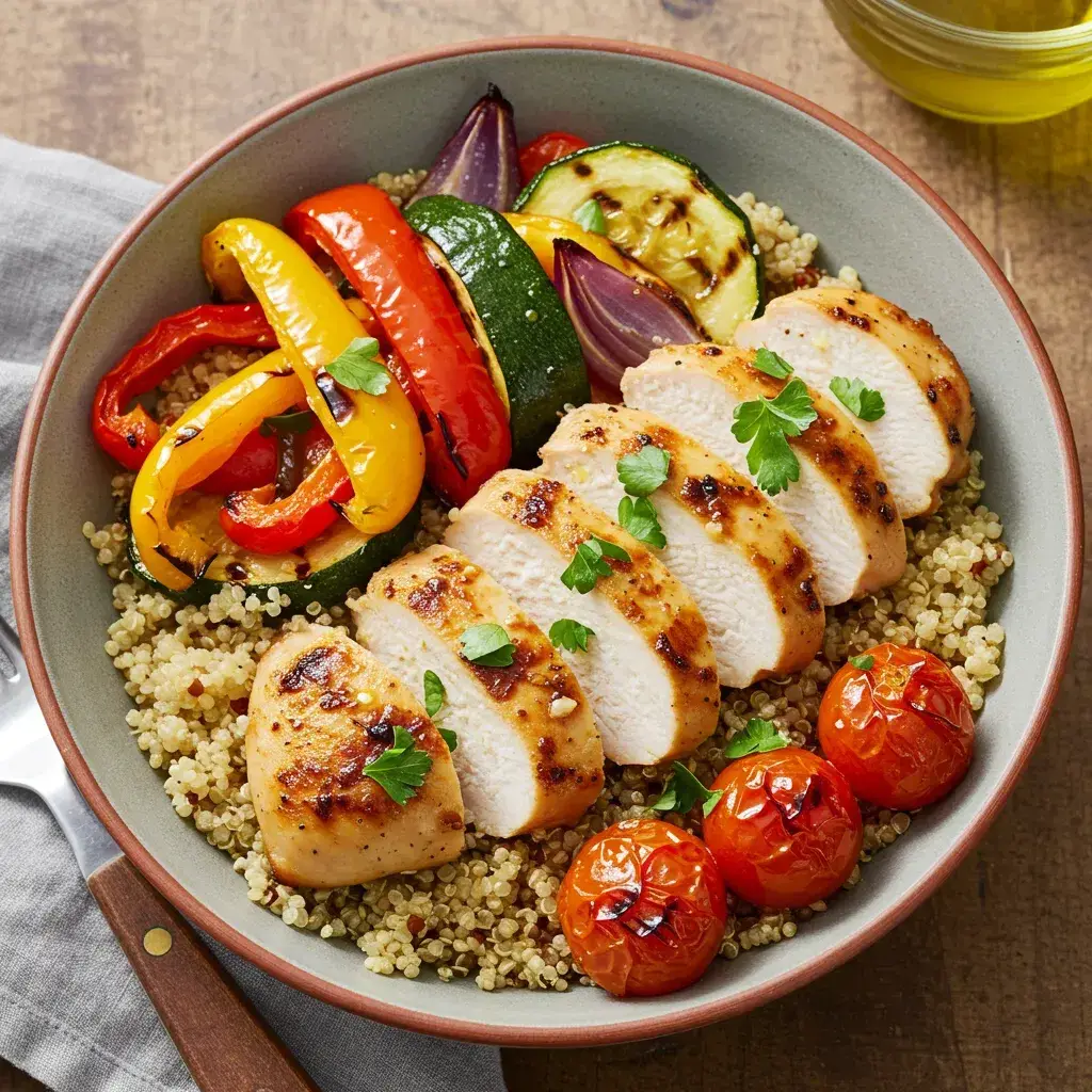 Grilled Mediterranean chicken breast with roasted vegetables and quinoa bowl