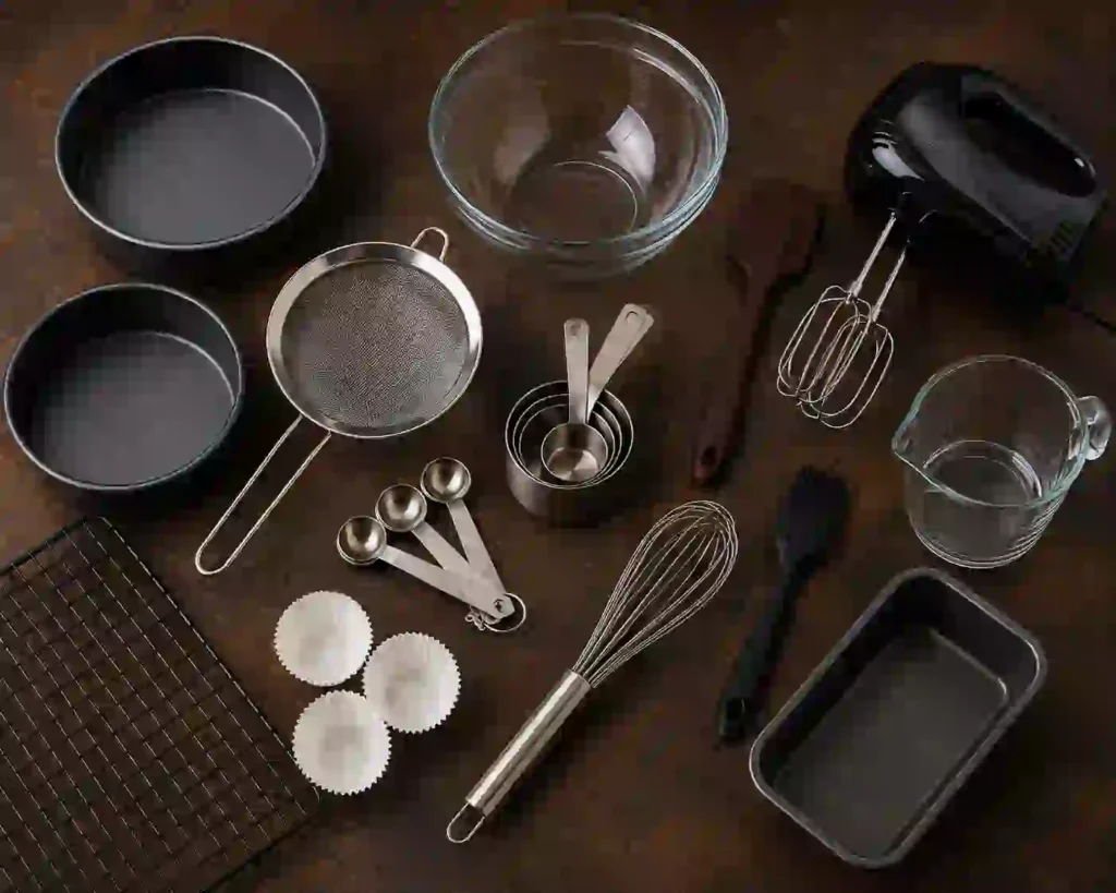 Professional baking tools arranged for making a rich homemade chocolate fudge cake.