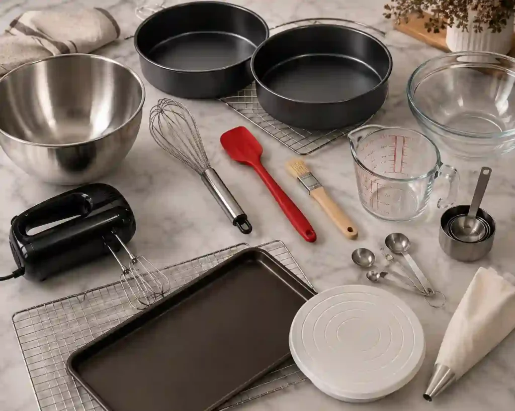 Professional baking tools arranged on a kitchen countertop for making a chocolate layer cake.
