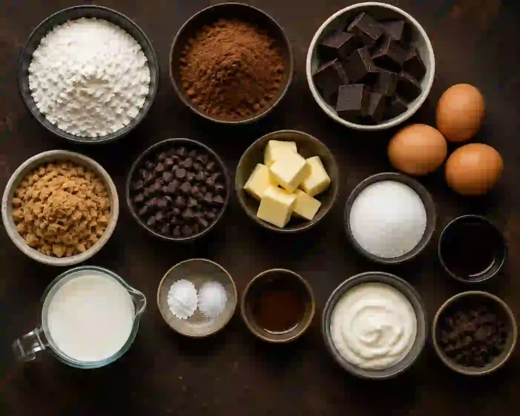 Fresh ingredients arranged for baking a rich homemade chocolate fudge cake.