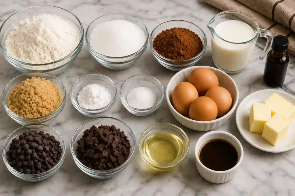 Fresh baking ingredients arranged for making the ultimate homemade chocolate layer cake.