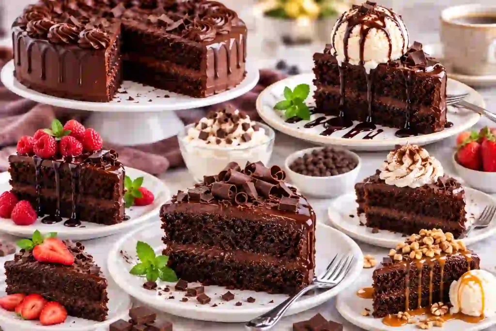 Different ways to serve homemade chocolate fudge cake with delicious dessert toppings and garnishes.