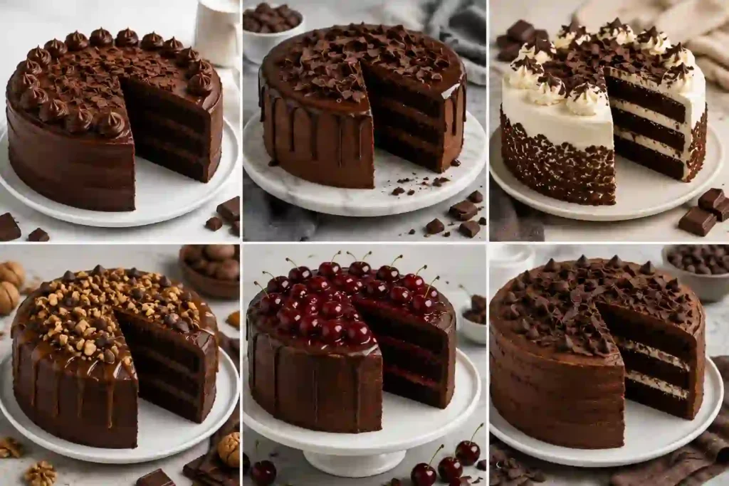 "Chocolate layer cake topped with fresh strawberries and blueberries."