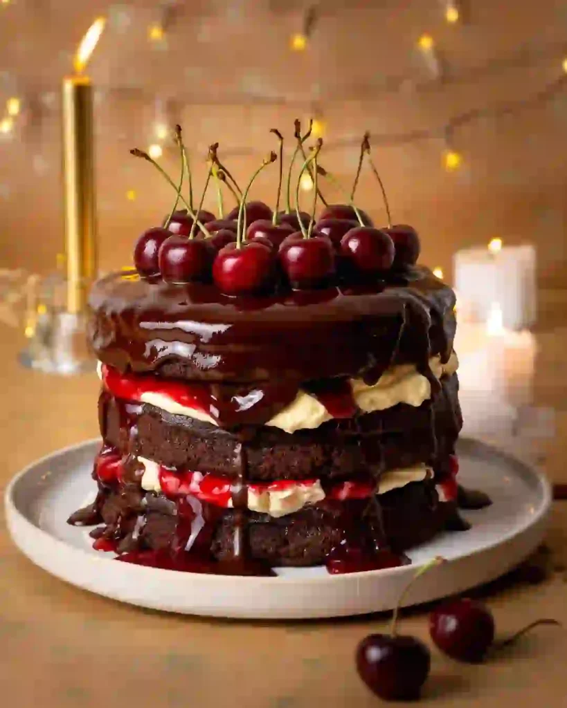 "Black Forest fudge cake topped with whipped cream, cherries, and chocolate shavings."