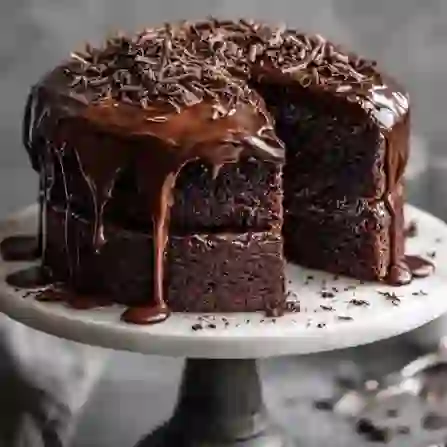 "Rich chocolate fudge cake with smooth chocolate ganache."