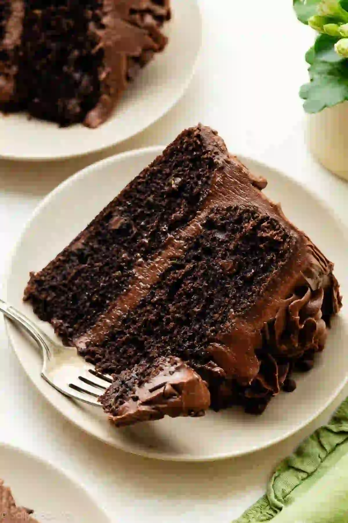 "Chocolate layer cake frosted with smooth chocolate buttercream."