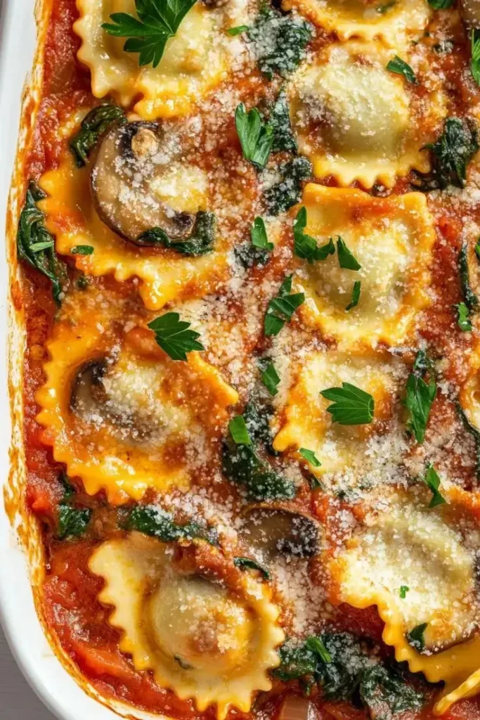 Baked Ravioli with Spinach and Mushrooms