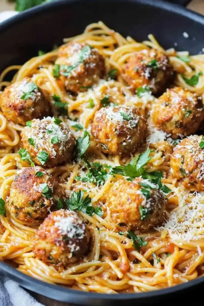 Garlic-Herb-Spaghetti-with-Baked-Chicken-Meatballs