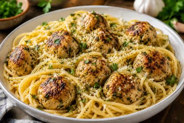 Garlic Herb Spaghetti with Baked Chicken Meatballs Recipe
