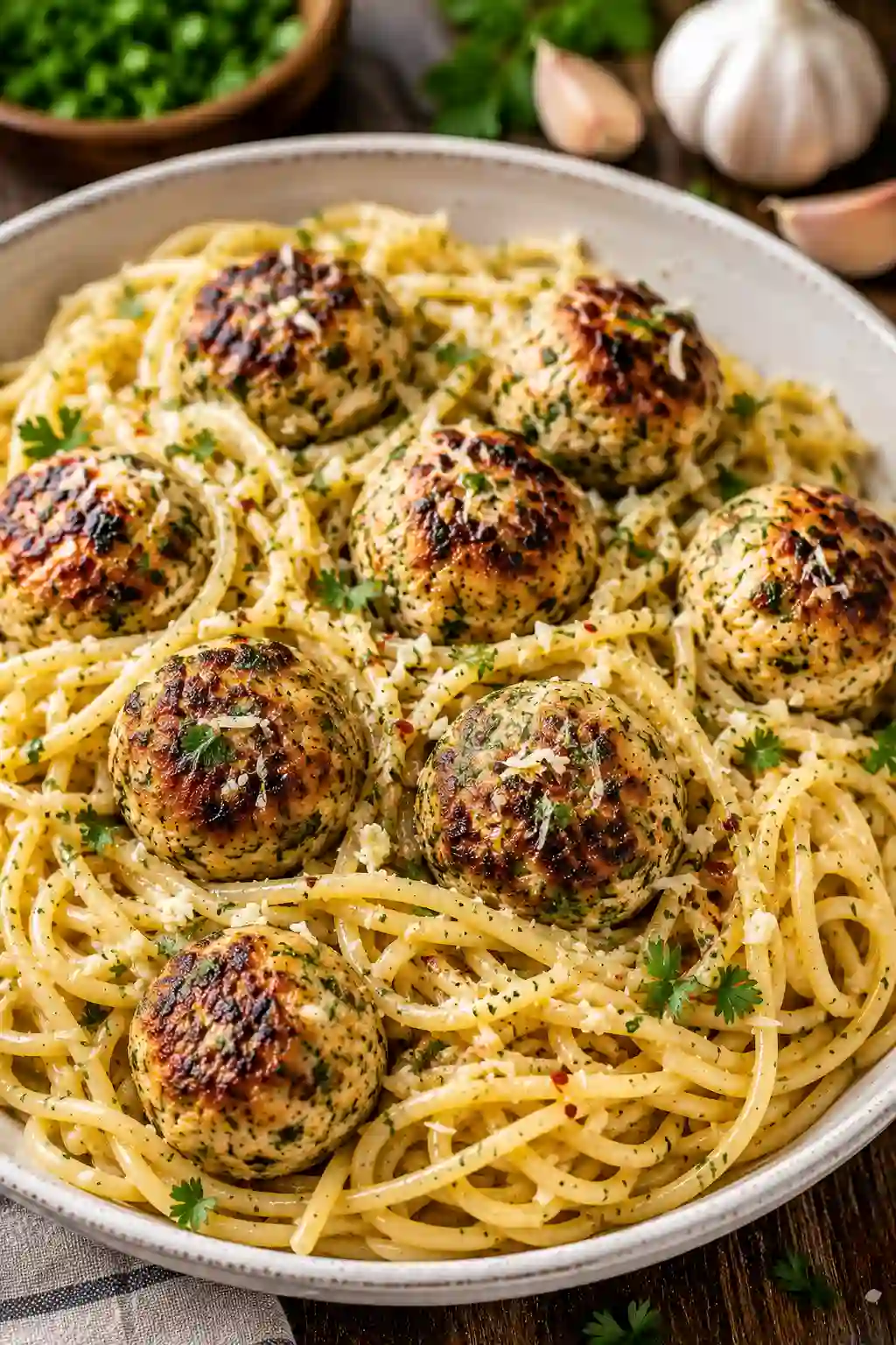 Garlic Herb Spaghetti with Chicken Meatballs recipe