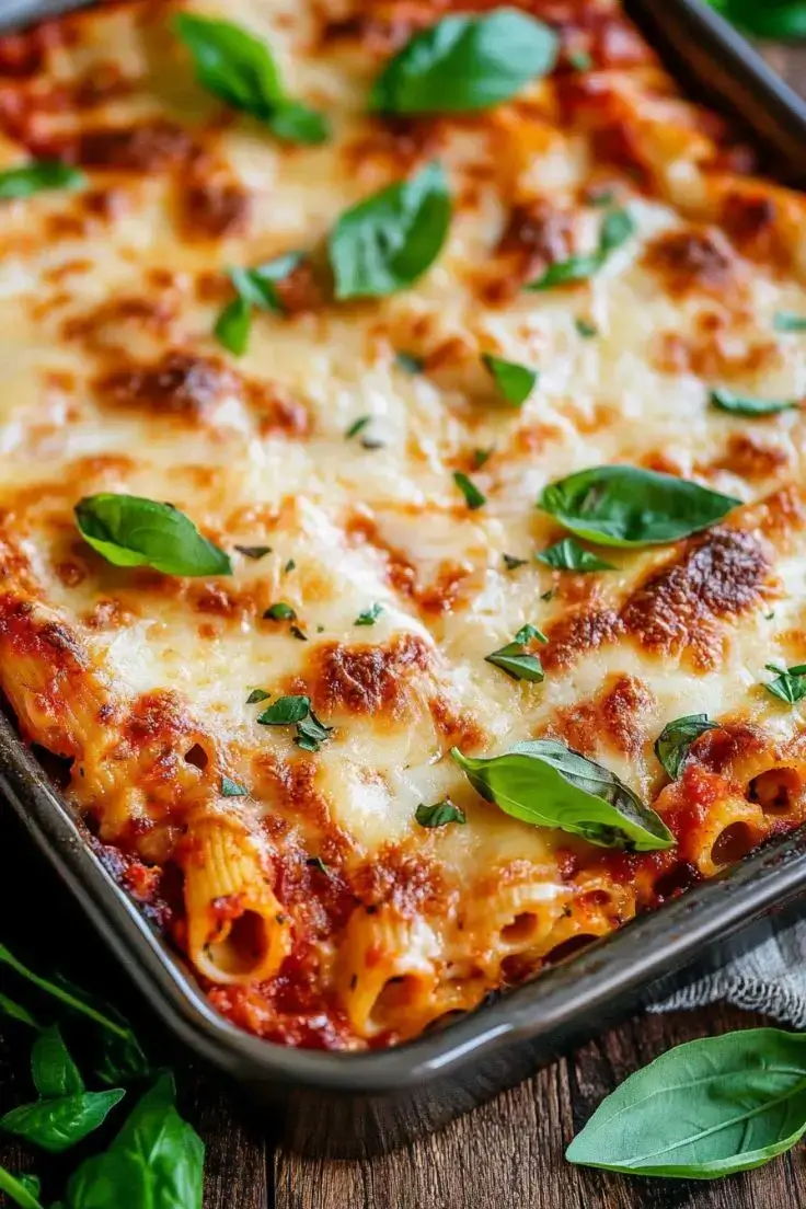 Slice of roasted vegetable baked ziti showing cauliflower and pasta layers