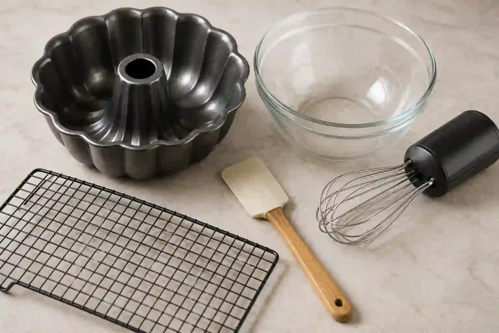 Chocolate bundt cake baking tools arranged on a kitchen countertop before baking.