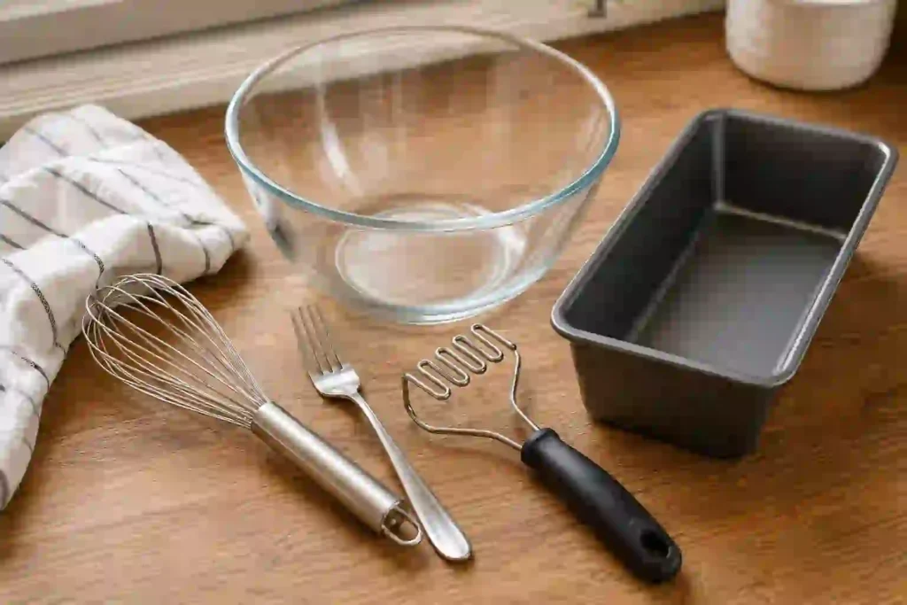 Kitchen equipment needed to make classic homemade banana bread recipe.