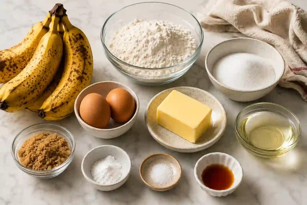 Fresh banana bread ingredients arranged on a marble countertop before baking.