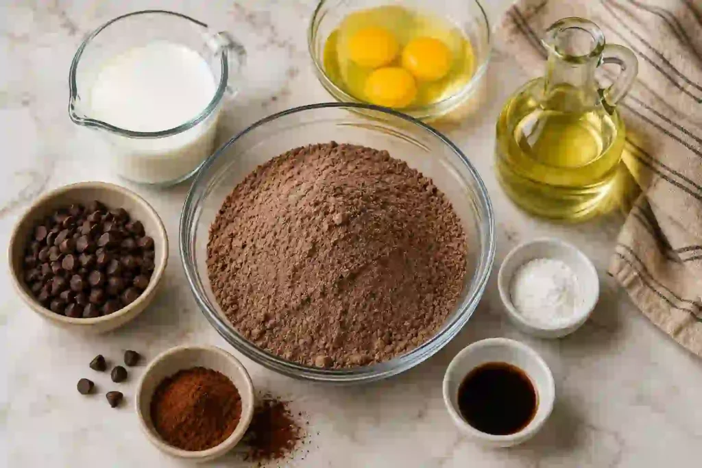 Chocolate bundt cake ingredients arranged on a marble countertop before baking.