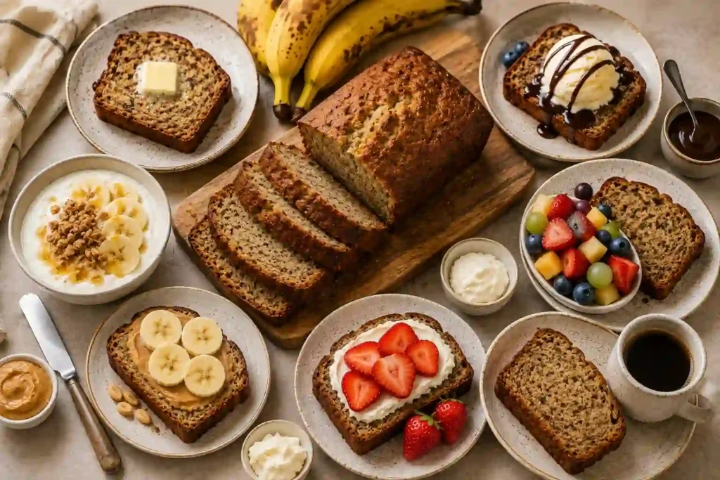 Banana bread serving ideas with butter, Greek yogurt, peanut butter, cream cheese, fresh fruit, ice cream, and coffee.