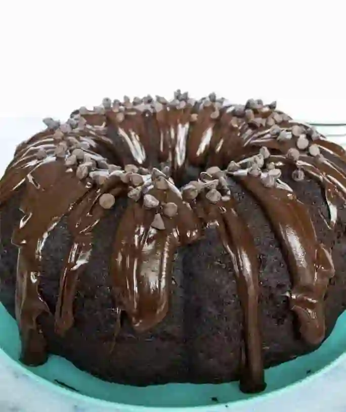 Moist triple chocolate Bundt cake made with dark, milk, and white chocolate.