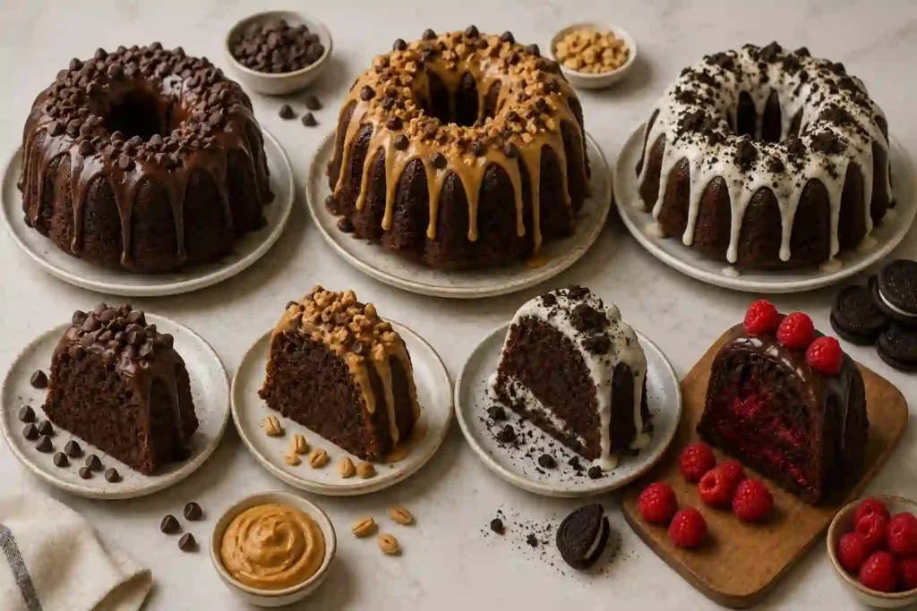Different variations of chocolate Bundt cake with assorted toppings and glazes.