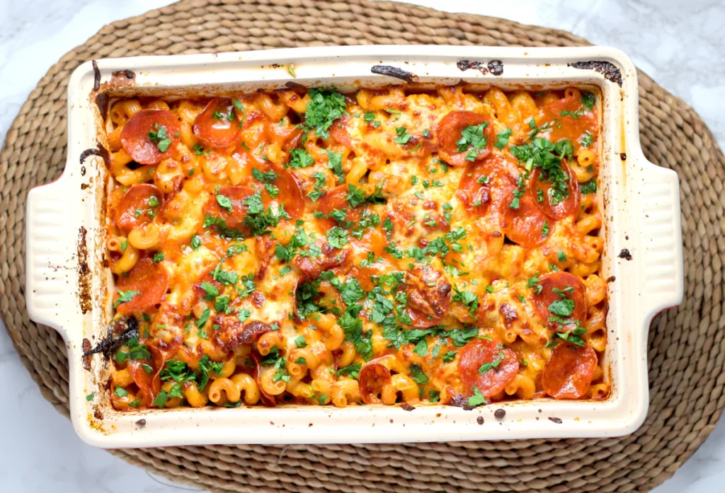 Baked pasta casserole with melted cheese