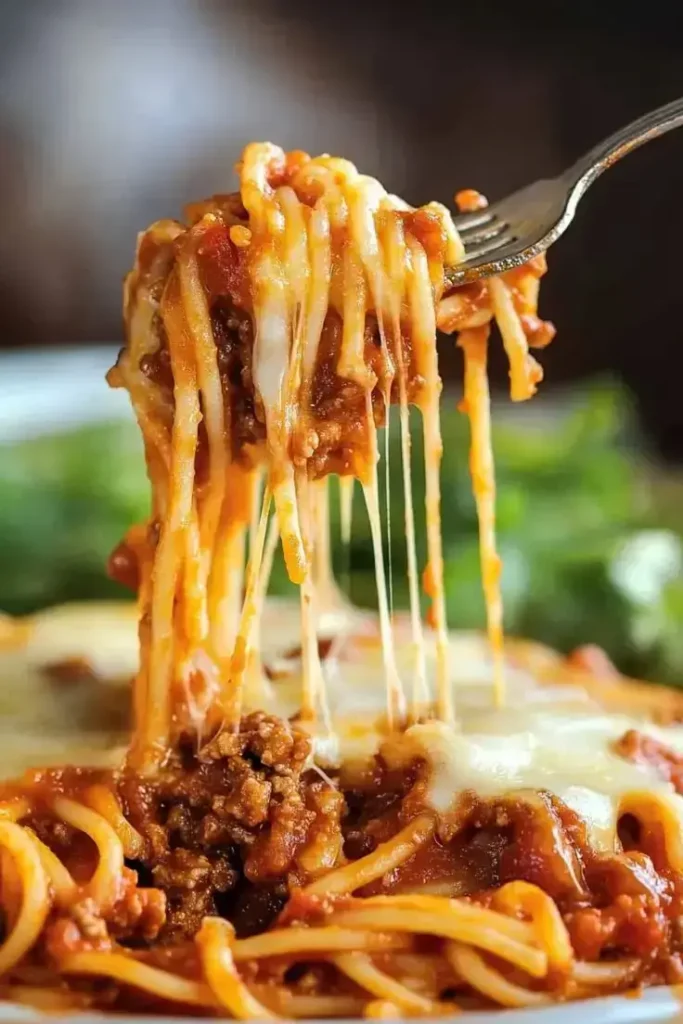 Baked spaghetti casserole topped with mozzarella and Parmesan