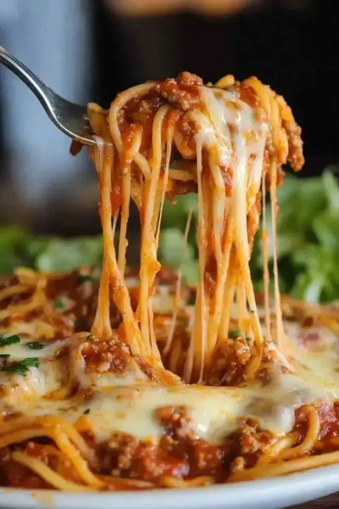 Cheesy baked spaghetti casserole in a 9x13 dish