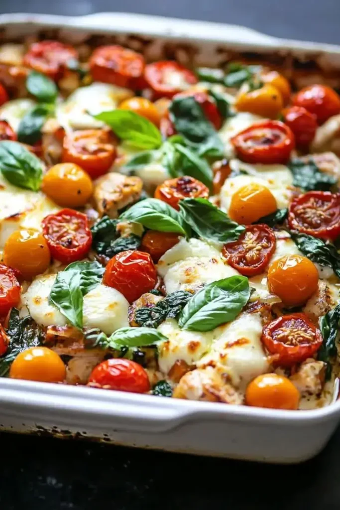 Caprese chicken casserole with melted fresh mozzarella and cherry tomatoes