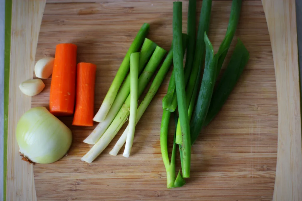 Carrots and green onions ready to chop for the soup base