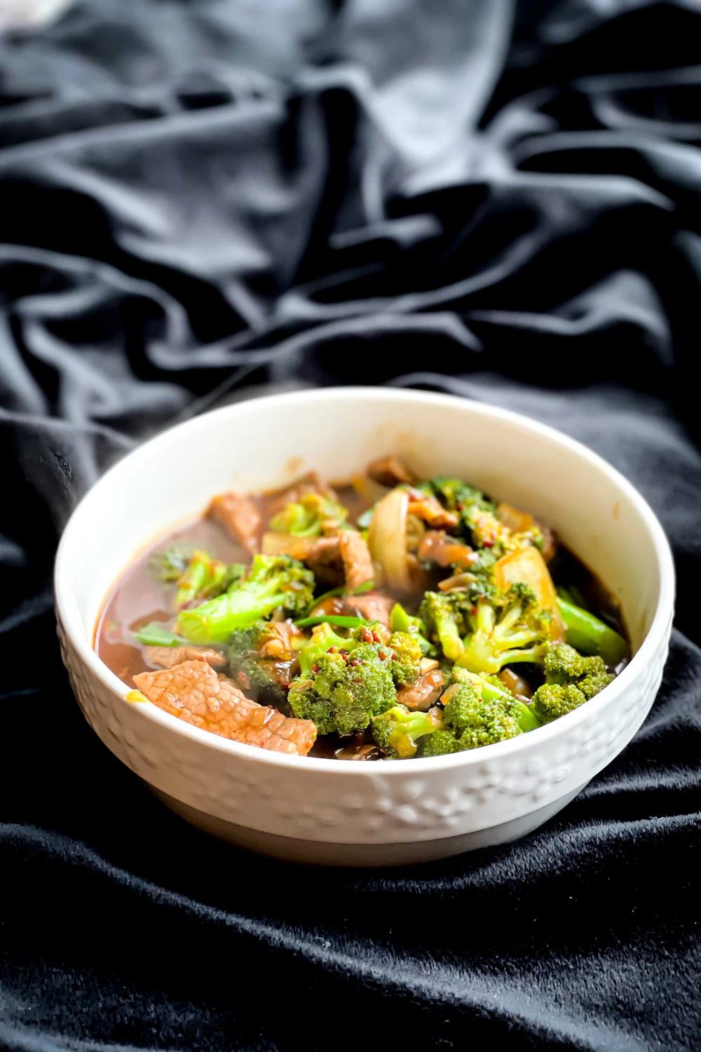 Chicken and broccoli stir fry in a bowl