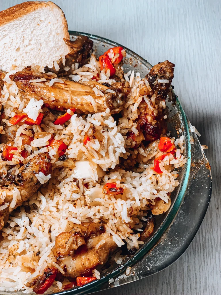 Tender chicken with seasoned rice from a 4-ingredient chicken and rice casserole