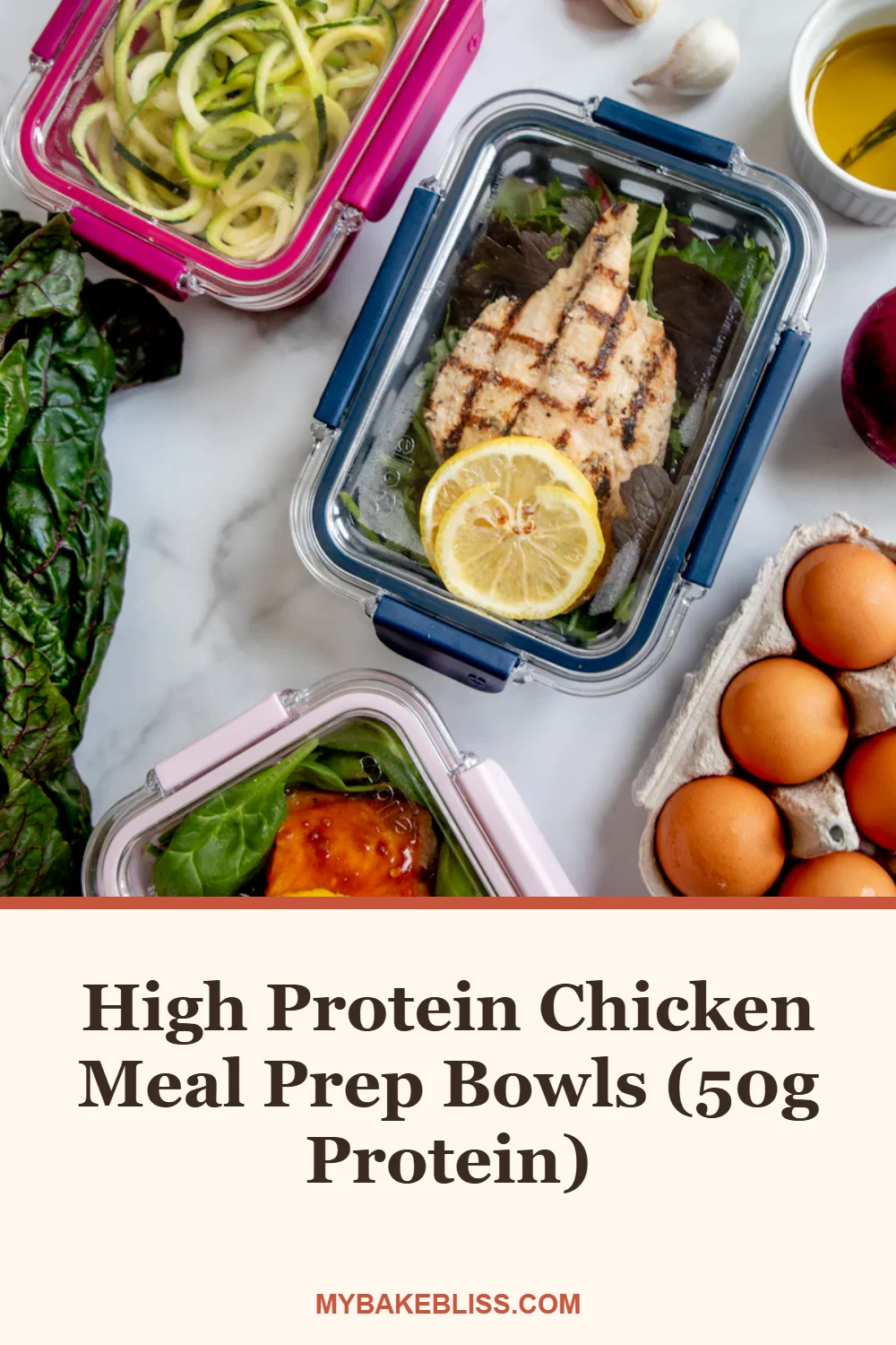 High protein chicken meal prep bowls with lemon garlic chicken, quinoa, roasted veggies, and Greek yogurt sauce. 50g protein per bowl, easy healthy lunches for the whole week.