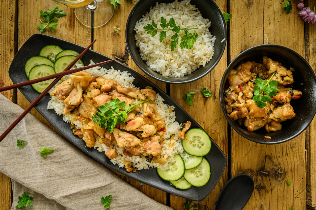 Honey garlic chicken stir fry dinner plate