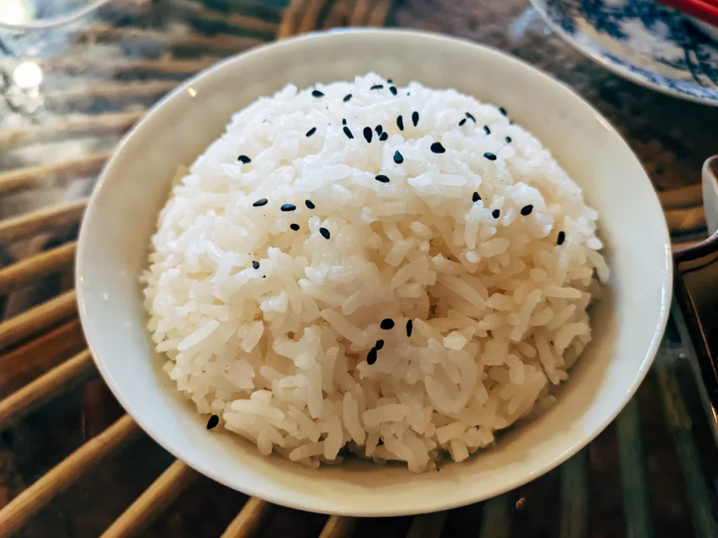 Bowl of cooked long-grain white rice for casserole