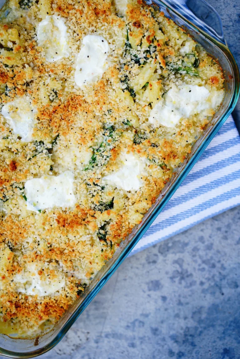 Creamy cottage cheese chicken bake with golden melted cheese in a baking dish