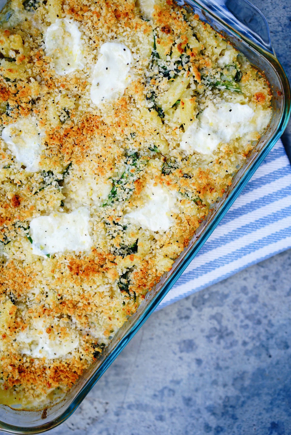 Creamy cottage cheese chicken bake with golden melted cheese in a baking dish