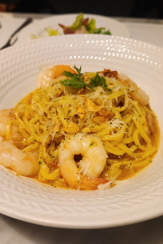 Creamy garlic shrimp pasta in a white bowl