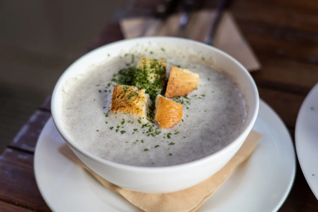 A bowl of creamy mushroom soup