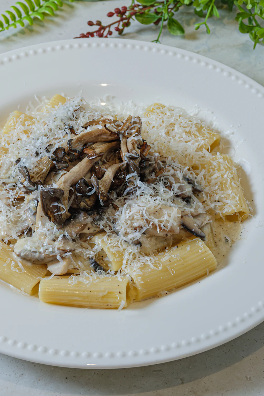 Creamy mushroom tortellini in a bowl
