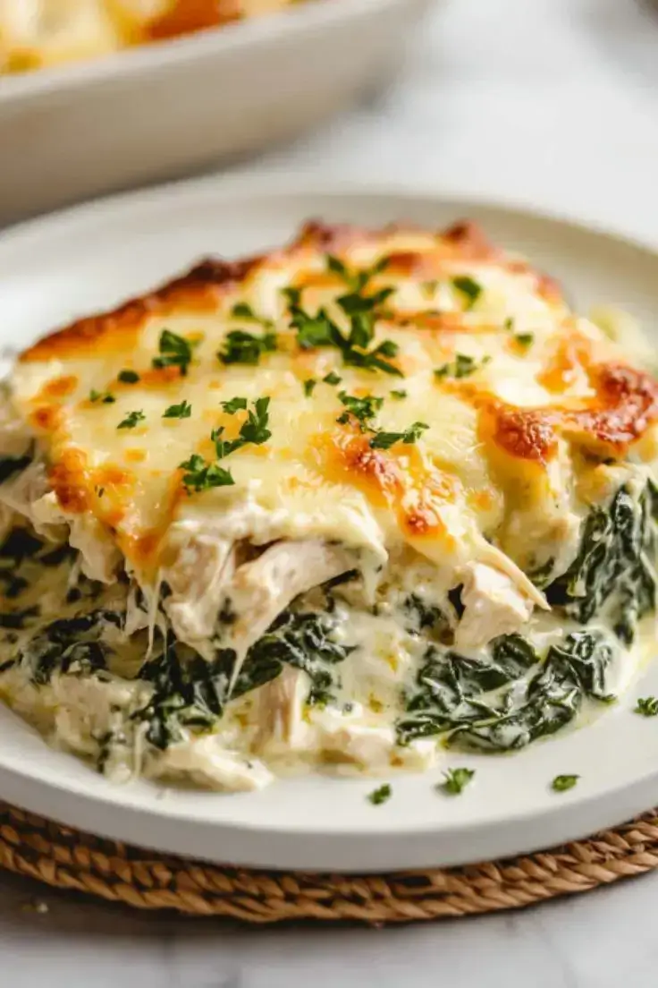 Creamy spinach chicken casserole with melted cheese in a baking dish