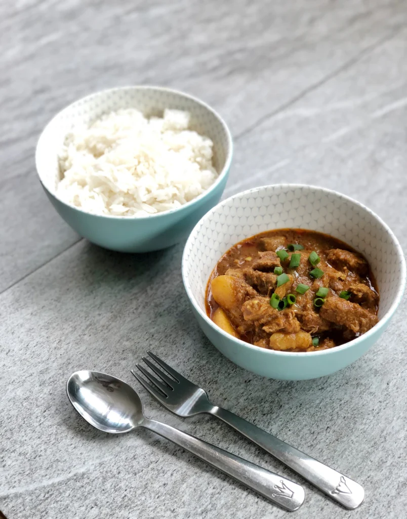 Chicken curry with a bowl of steamed rice