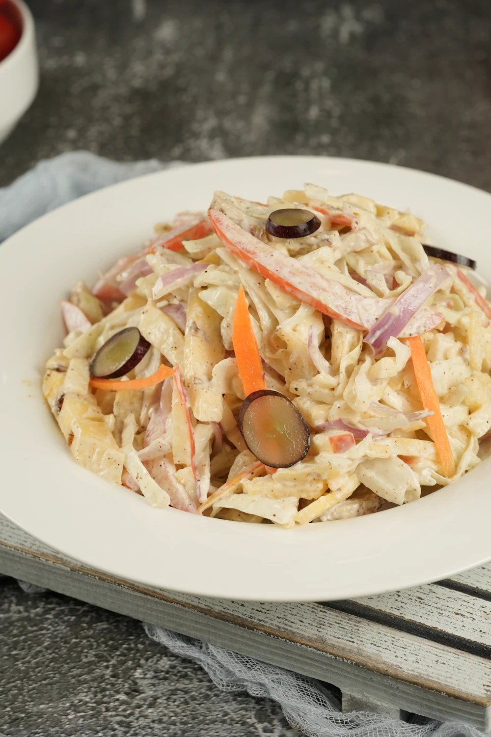 Creamy deviled egg pasta salad served on a plate