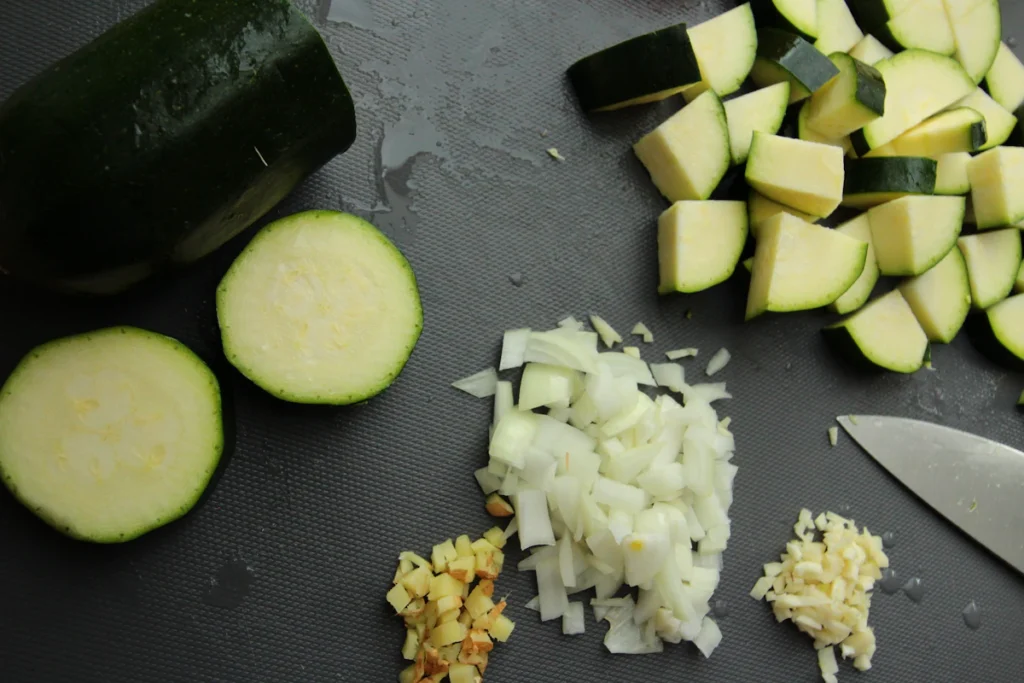 Diced zucchini, onion and garlic prepped for the skillet
